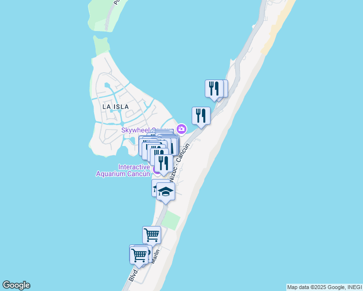 map of restaurants, bars, coffee shops, grocery stores, and more near Boulevard Kukulcan in Cancún