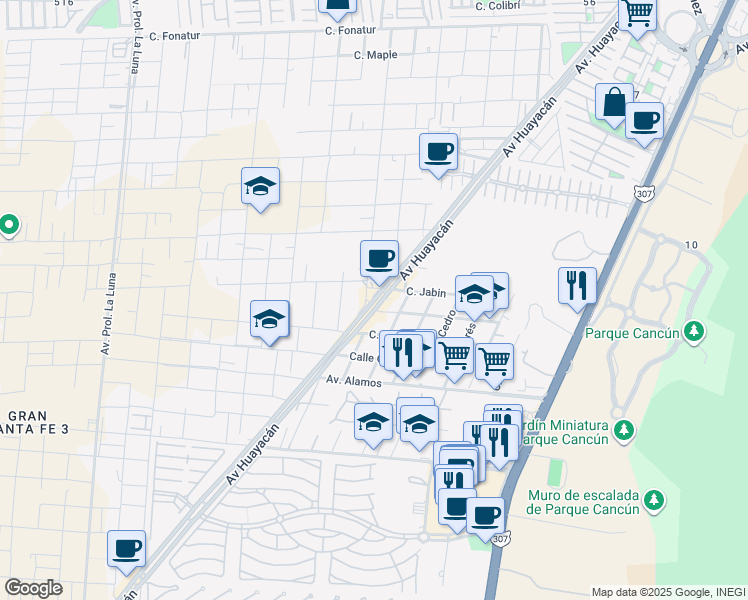 map of restaurants, bars, coffee shops, grocery stores, and more near Avenida Huayacán in Cancún