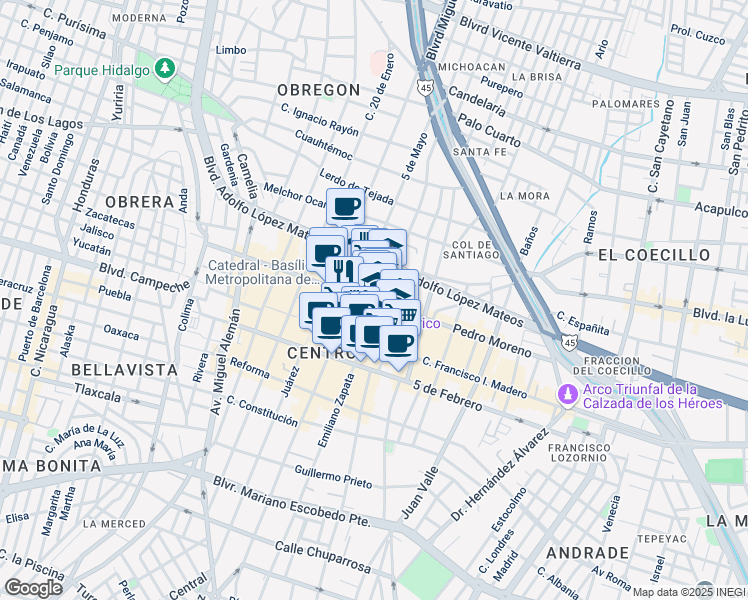 map of restaurants, bars, coffee shops, grocery stores, and more near 117 Pedro Moreno in León