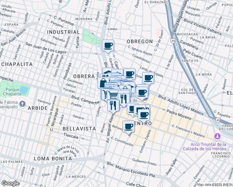 map of restaurants, bars, coffee shops, grocery stores, and more near 117 Pedro Moreno in León