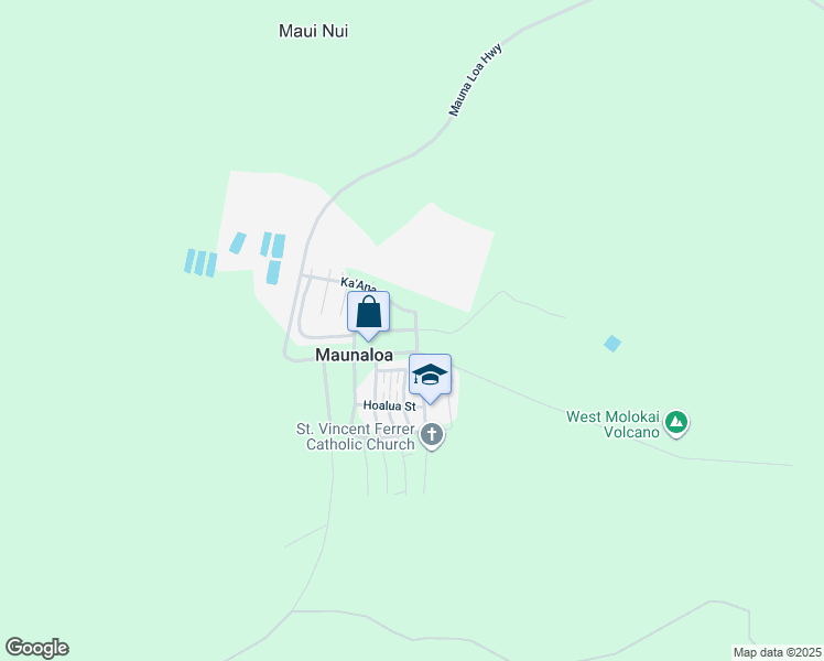map of restaurants, bars, coffee shops, grocery stores, and more near Pu'Unana Street in Maunaloa