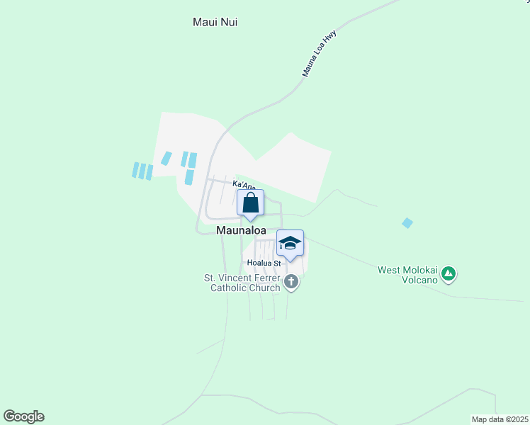 map of restaurants, bars, coffee shops, grocery stores, and more near Pu'Unana Street in Maunaloa