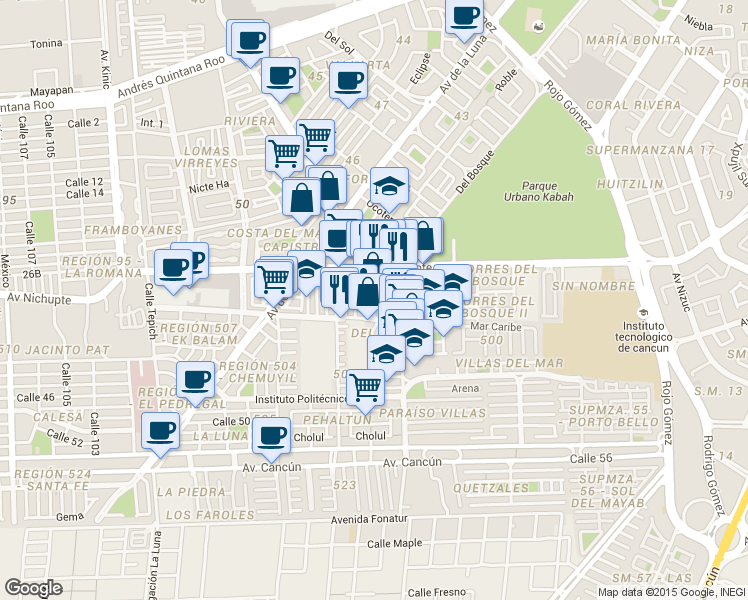map of restaurants, bars, coffee shops, grocery stores, and more near in Cancún