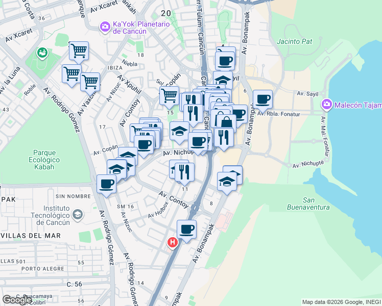 map of restaurants, bars, coffee shops, grocery stores, and more near 11 Calle Acanceh in Cancún