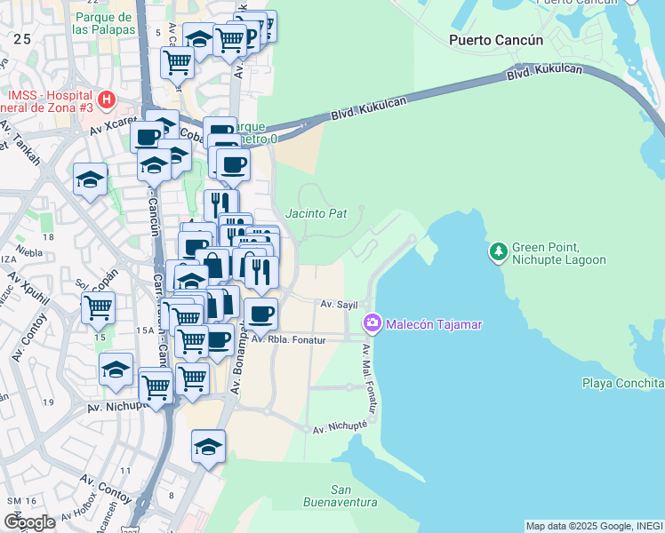 map of restaurants, bars, coffee shops, grocery stores, and more near Avenida Antonio Enríquez Savignac in Cancún