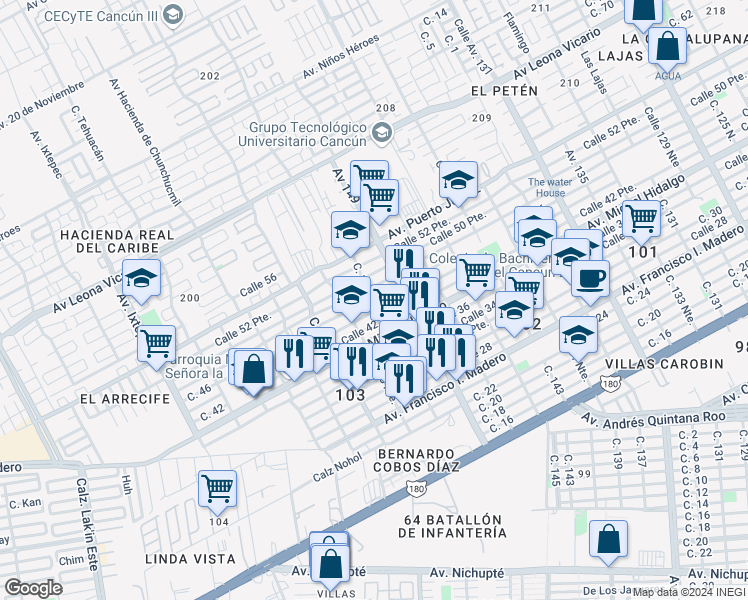 map of restaurants, bars, coffee shops, grocery stores, and more near Calle 151 Norte in Cancún