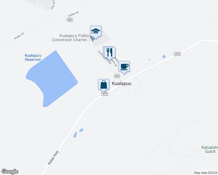map of restaurants, bars, coffee shops, grocery stores, and more near Kialoa Street in Kualapuu