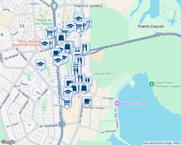 map of restaurants, bars, coffee shops, grocery stores, and more near Avenida Antonio Enríquez Savignac in Cancún