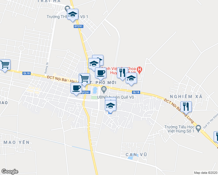 map of restaurants, bars, coffee shops, grocery stores, and more near Đường 18 in Quế Võ