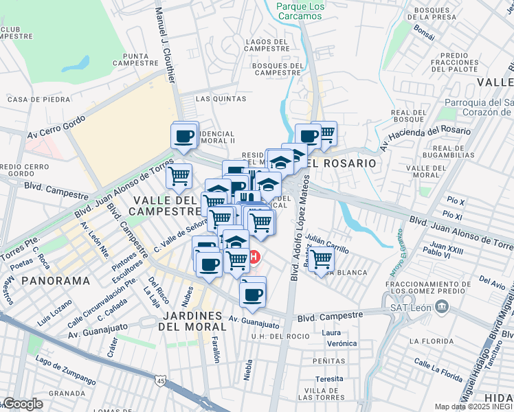 map of restaurants, bars, coffee shops, grocery stores, and more near 215 Avenida Paseo del Juncal in León
