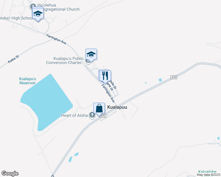 map of restaurants, bars, coffee shops, grocery stores, and more near 1695 Okana Street in Kualapuu