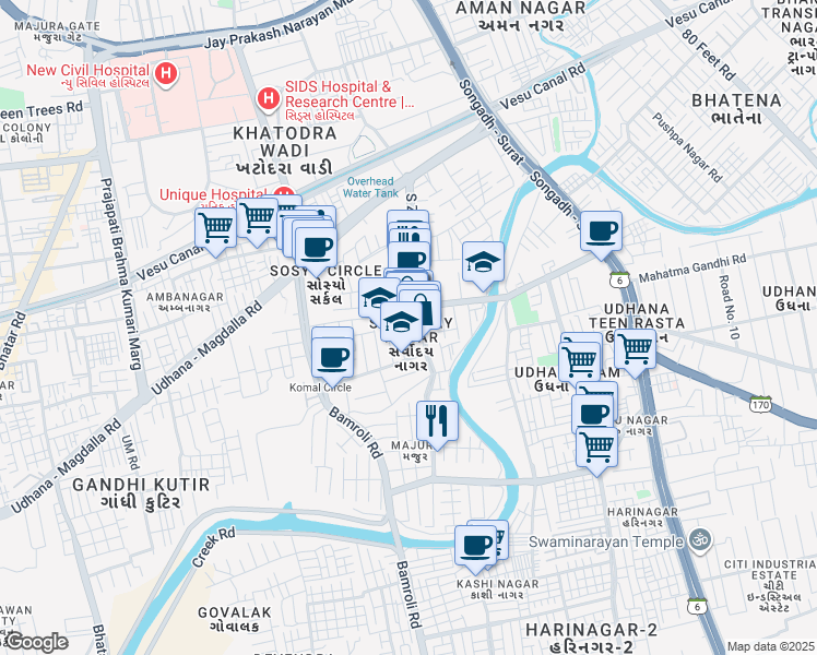 map of restaurants, bars, coffee shops, grocery stores, and more near 1/2758 Ardeshar Kotval Road in Surat