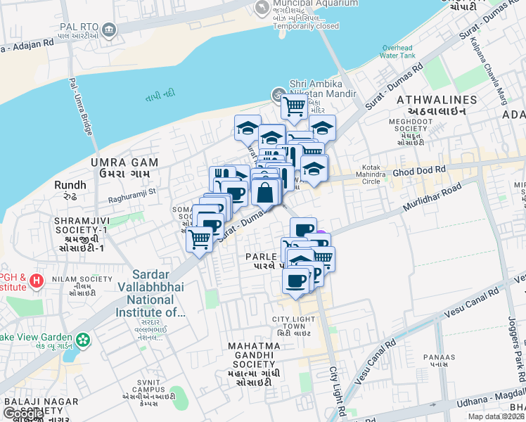map of restaurants, bars, coffee shops, grocery stores, and more near Parle Point Flyover in Surat