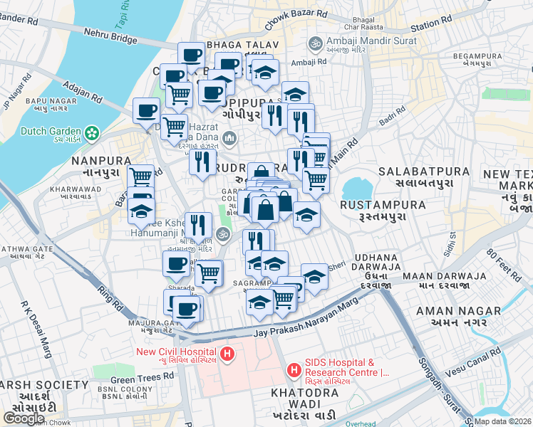 map of restaurants, bars, coffee shops, grocery stores, and more near Sagrampura Talavdi Road in Surat