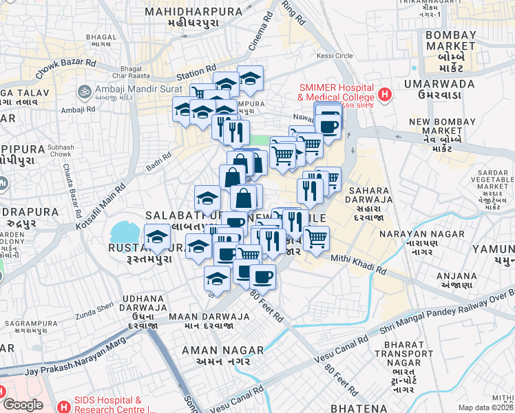 map of restaurants, bars, coffee shops, grocery stores, and more near Inderpura Khatriwad Salabatpura Main Road in Surat
