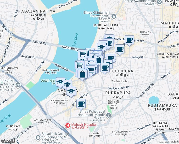map of restaurants, bars, coffee shops, grocery stores, and more near 1/2758 Ardeshar Kotval Road in Surat