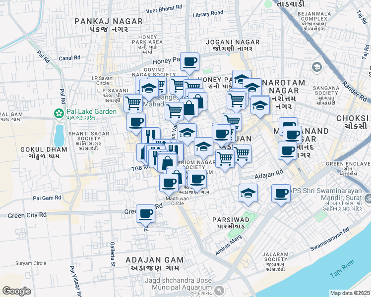 map of restaurants, bars, coffee shops, grocery stores, and more near 71 Haridwar Society Kalpana Chawla Marg in Surat