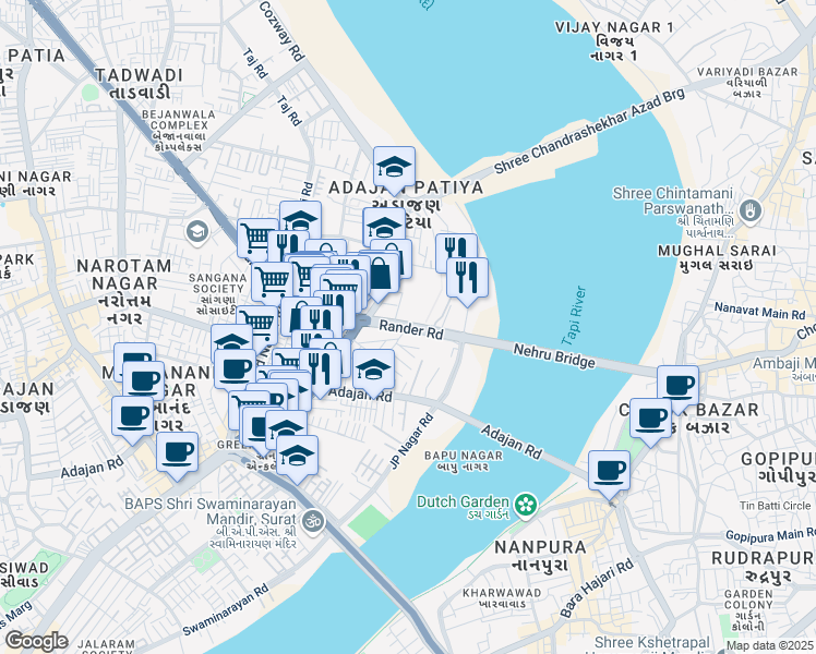 map of restaurants, bars, coffee shops, grocery stores, and more near Rander Road in Surat