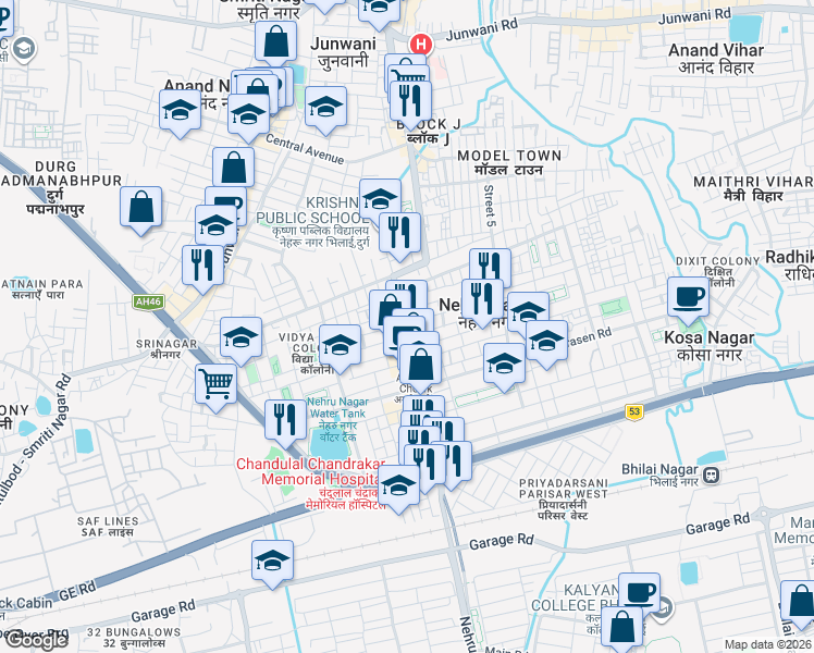 map of restaurants, bars, coffee shops, grocery stores, and more near Nehru Nagar Main Rd in Bhilai
