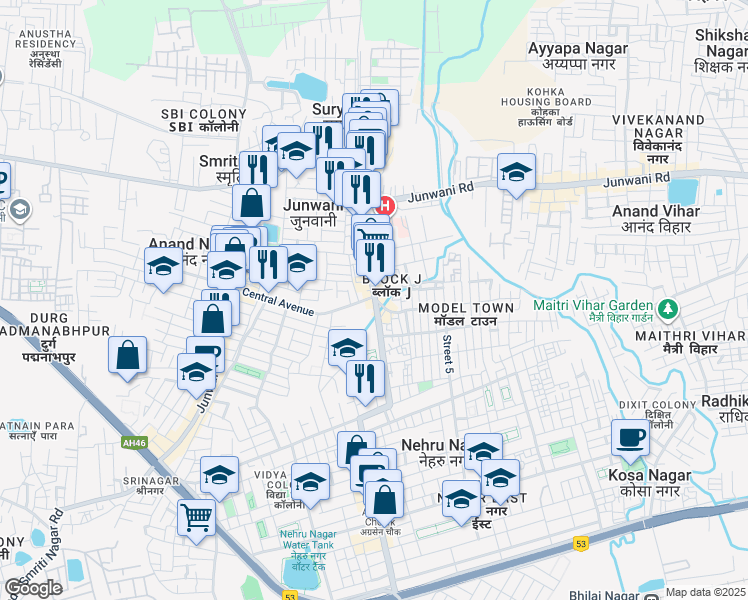 map of restaurants, bars, coffee shops, grocery stores, and more near Nehru Nagar Main Road in Smriti Nagar