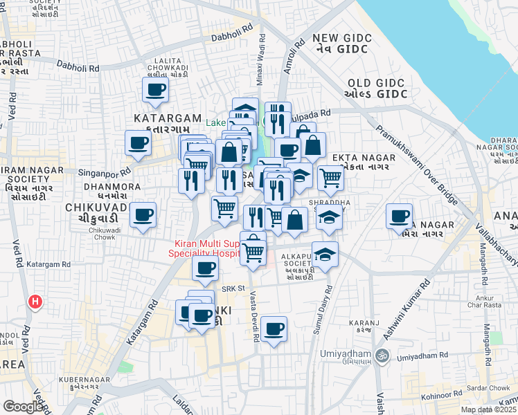 map of restaurants, bars, coffee shops, grocery stores, and more near in Surat