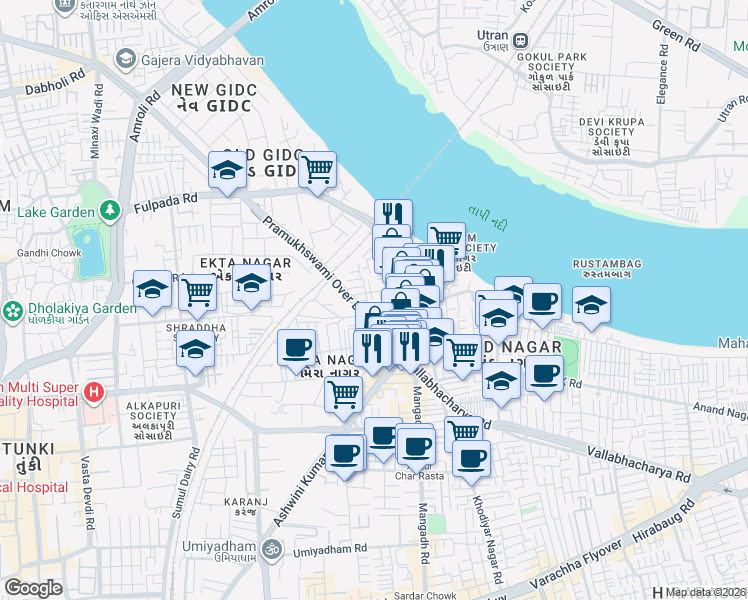 map of restaurants, bars, coffee shops, grocery stores, and more near 37 Ashwini Kumar Road in Surat