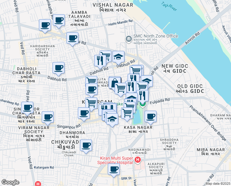map of restaurants, bars, coffee shops, grocery stores, and more near in Surat
