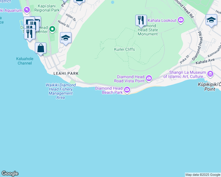 map of restaurants, bars, coffee shops, grocery stores, and more near 3399 Diamond Head Road in Honolulu