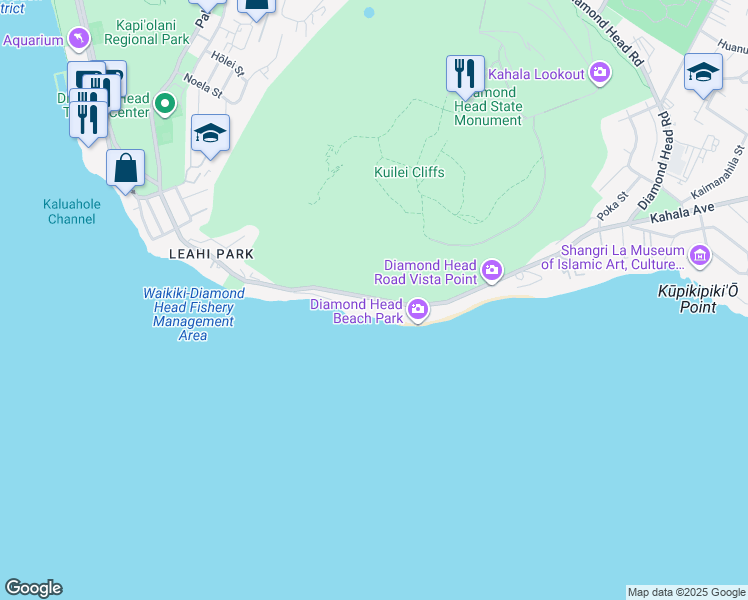 map of restaurants, bars, coffee shops, grocery stores, and more near 3340 Diamond Head Road in Honolulu