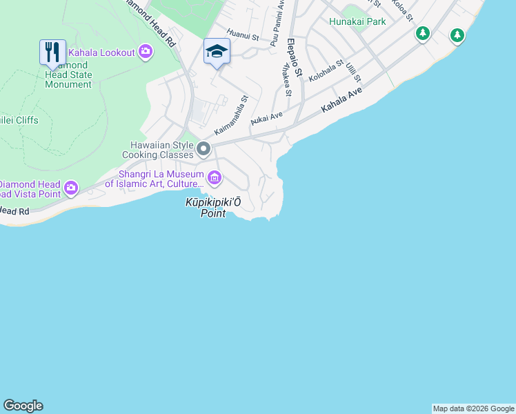 map of restaurants, bars, coffee shops, grocery stores, and more near 4119 Kaikoo Place in Honolulu