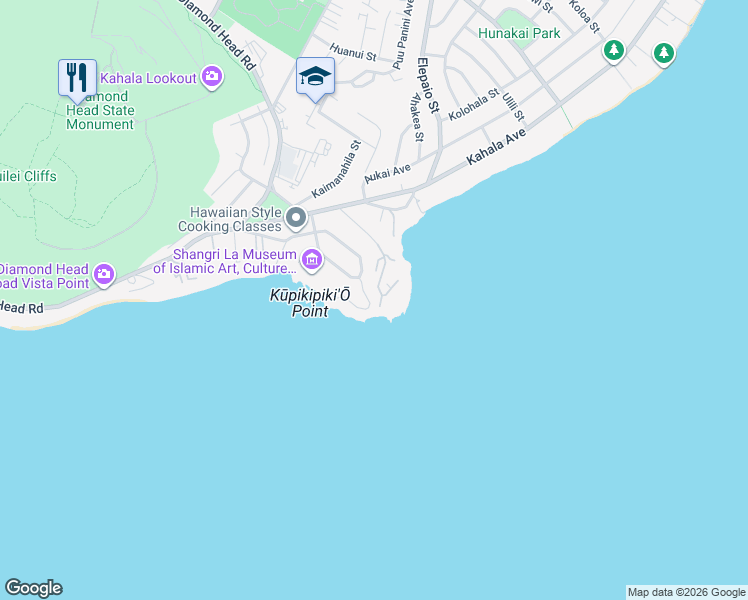 map of restaurants, bars, coffee shops, grocery stores, and more near 4119 Kaikoo Place in Honolulu