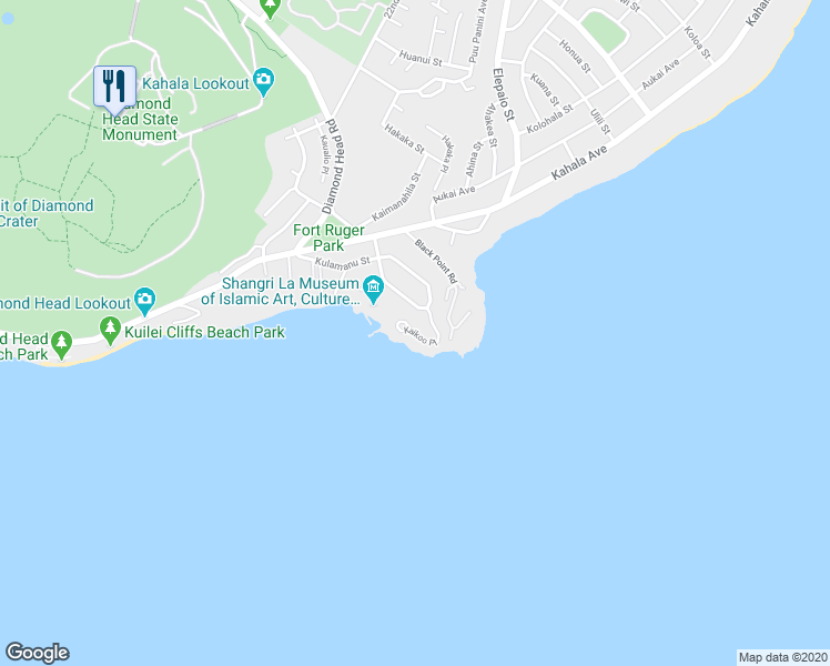 map of restaurants, bars, coffee shops, grocery stores, and more near Kaikoo Place in Honolulu