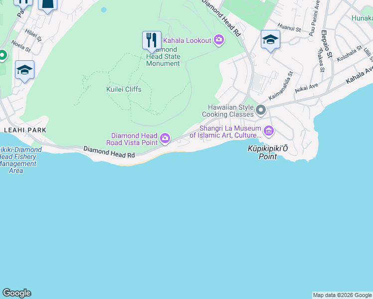 map of restaurants, bars, coffee shops, grocery stores, and more near 3641 Diamond Head Road in Honolulu