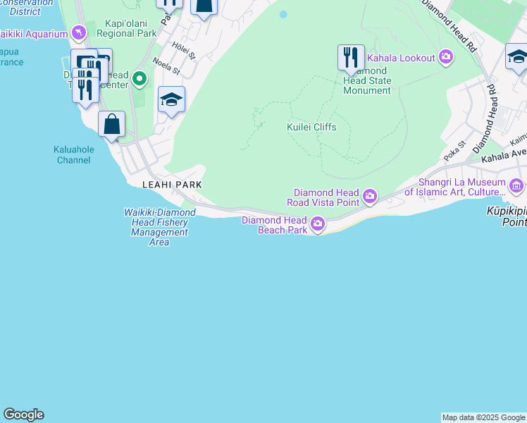 map of restaurants, bars, coffee shops, grocery stores, and more near 3340 Diamond Head Road in Honolulu