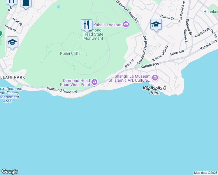 map of restaurants, bars, coffee shops, grocery stores, and more near 3641 Diamond Head Road in Honolulu