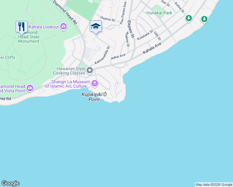 map of restaurants, bars, coffee shops, grocery stores, and more near 4119 Kaikoo Place in Honolulu