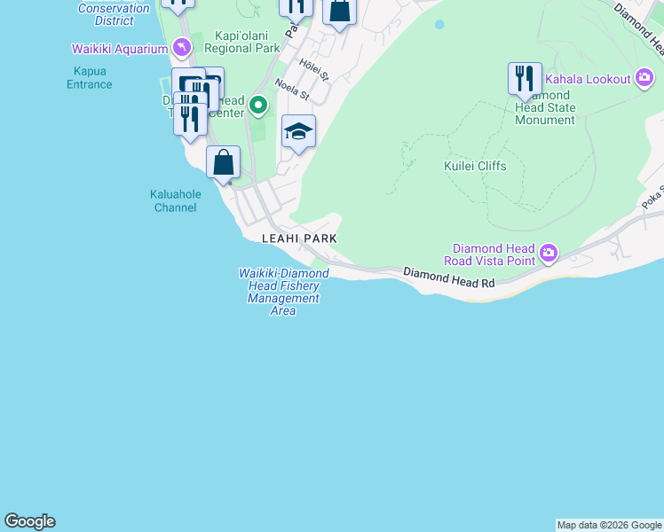 map of restaurants, bars, coffee shops, grocery stores, and more near 3187 Diamond Head Road in Honolulu