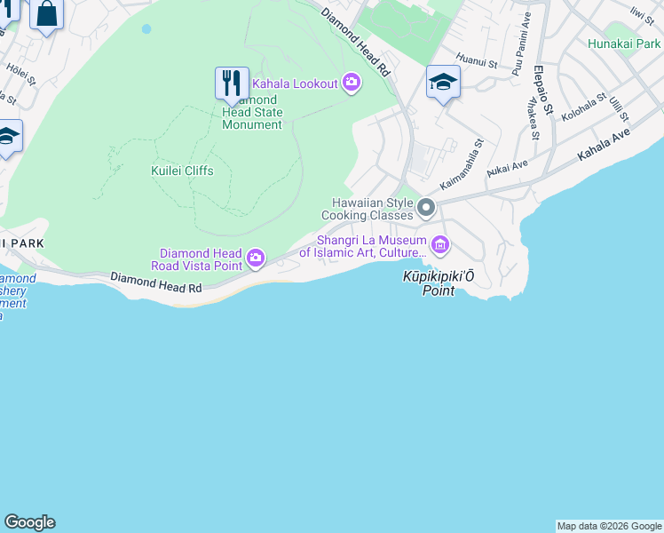 map of restaurants, bars, coffee shops, grocery stores, and more near 3735 Diamond Head Road in Honolulu