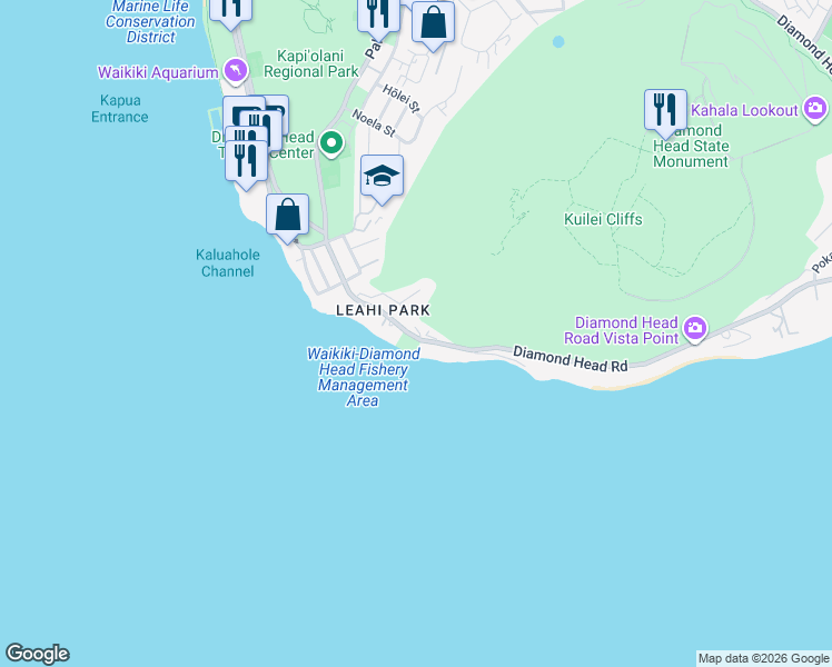 map of restaurants, bars, coffee shops, grocery stores, and more near 3187 Diamond Head Road in Honolulu