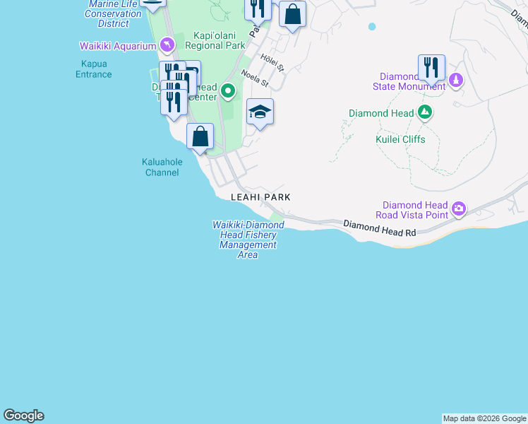 map of restaurants, bars, coffee shops, grocery stores, and more near 3151 Diamond Head Road in Honolulu