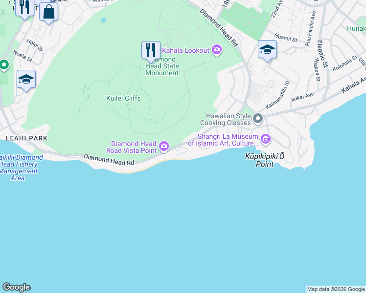 map of restaurants, bars, coffee shops, grocery stores, and more near 3619 Diamond Head Road in Honolulu