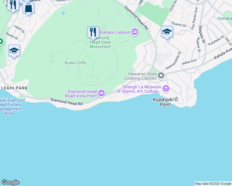 map of restaurants, bars, coffee shops, grocery stores, and more near 3641 Diamond Head Road in Honolulu
