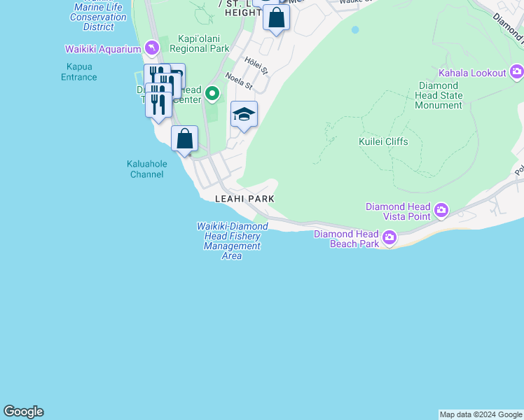 map of restaurants, bars, coffee shops, grocery stores, and more near 3187 Diamond Head Road in Honolulu