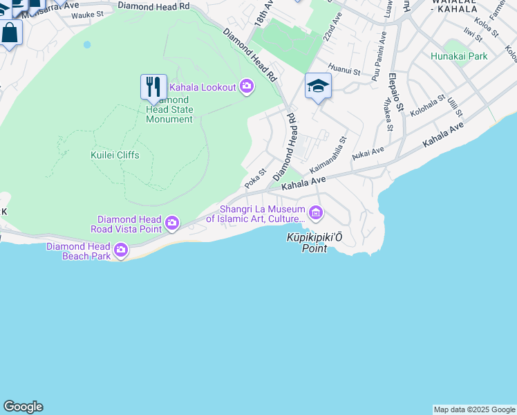 map of restaurants, bars, coffee shops, grocery stores, and more near 236 Kaʻalawai Place in Honolulu