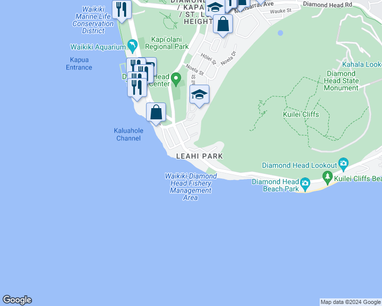 map of restaurants, bars, coffee shops, grocery stores, and more near 3113 Diamond Head Road in Honolulu