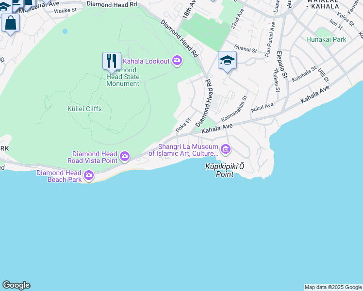 map of restaurants, bars, coffee shops, grocery stores, and more near 236 Kaʻalawai Place in Honolulu