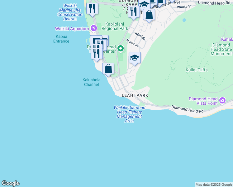 map of restaurants, bars, coffee shops, grocery stores, and more near 2801C Coconut Avenue in Honolulu