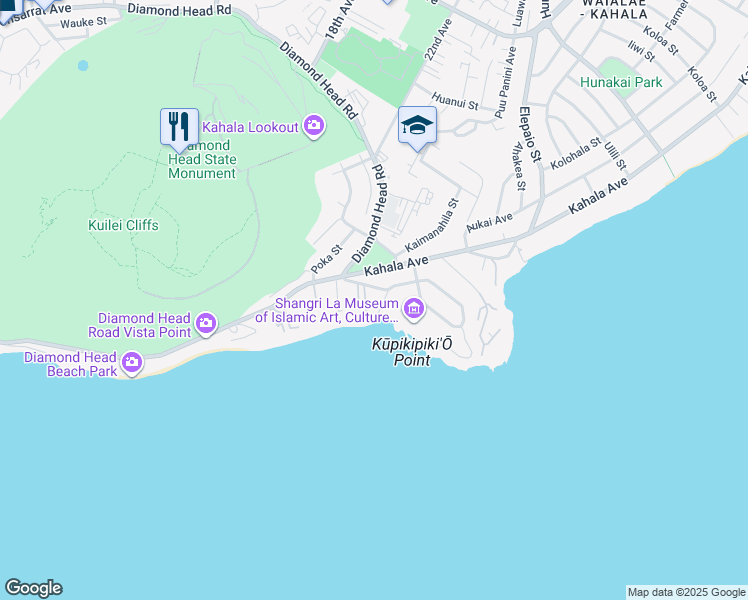 map of restaurants, bars, coffee shops, grocery stores, and more near 224 Kulamanu Place in Honolulu