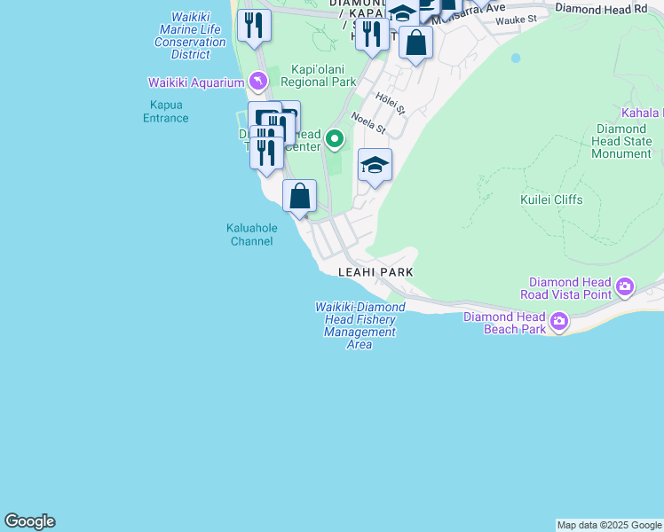 map of restaurants, bars, coffee shops, grocery stores, and more near 2801C Coconut Avenue in Honolulu