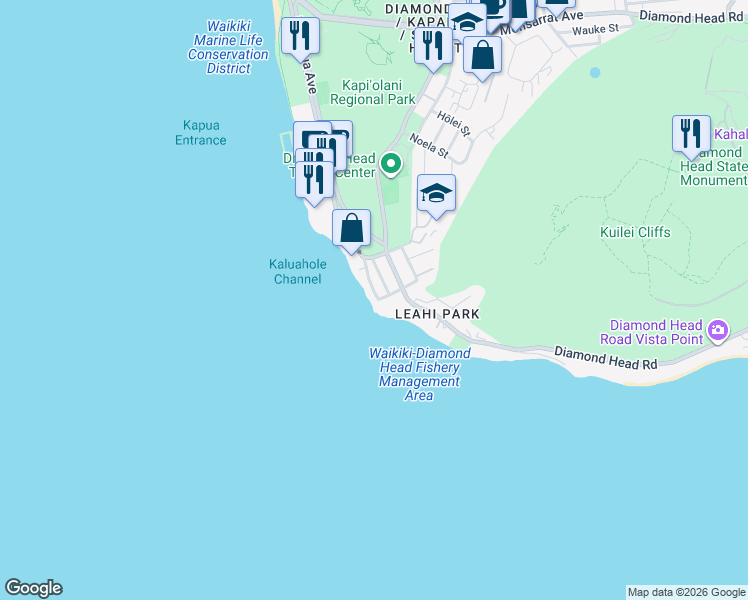 map of restaurants, bars, coffee shops, grocery stores, and more near 2801C Coconut Avenue in Honolulu